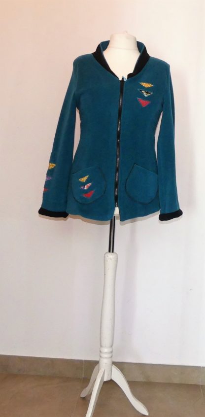 Veste polaire sea blue et noir coupe princesse et col châle T40 – Image 2
