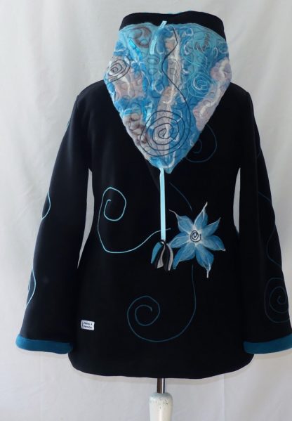 Veste longue en polaire noire et minky turquoise T44