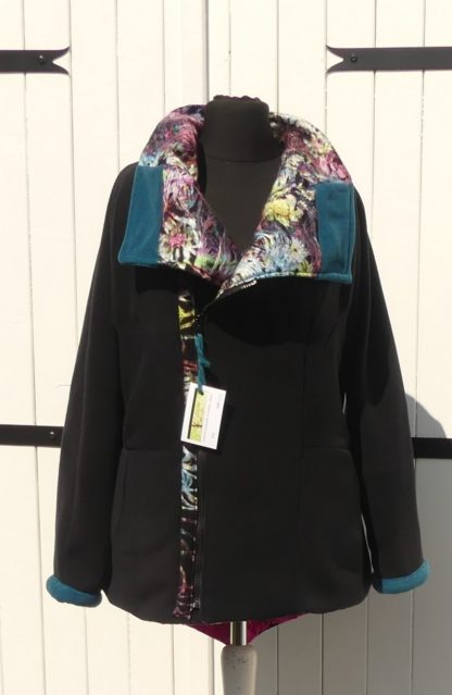 Veste grand col zippé en polaire noir et minky pulpe T40