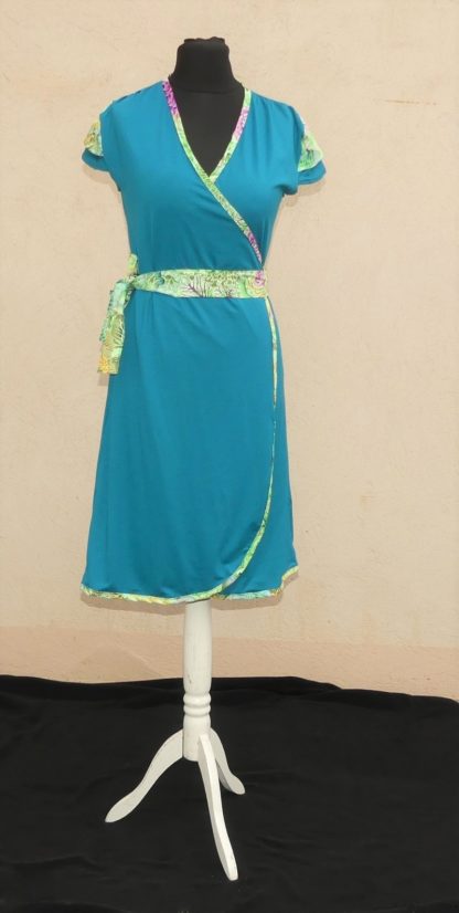 Robe en jersey viscose sea blue et coton Japonais anis et rose T38 – Image 2