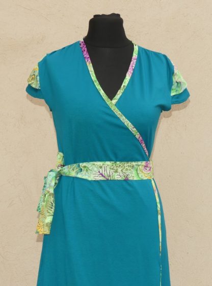 Robe en jersey viscose sea blue et coton Japonais anis et rose T38