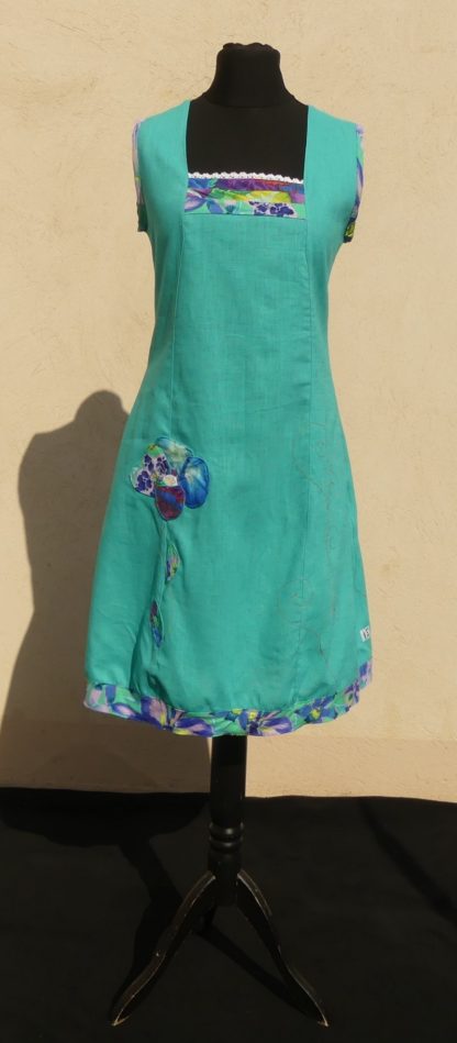 Robe encolure carré en lin turquoise  taille 38 – Image 2