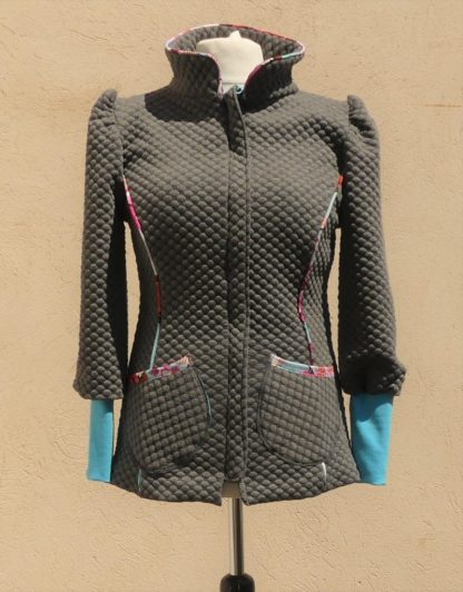 Veste col montant en jersey matelassé gris moyen et turquoise Taille 40